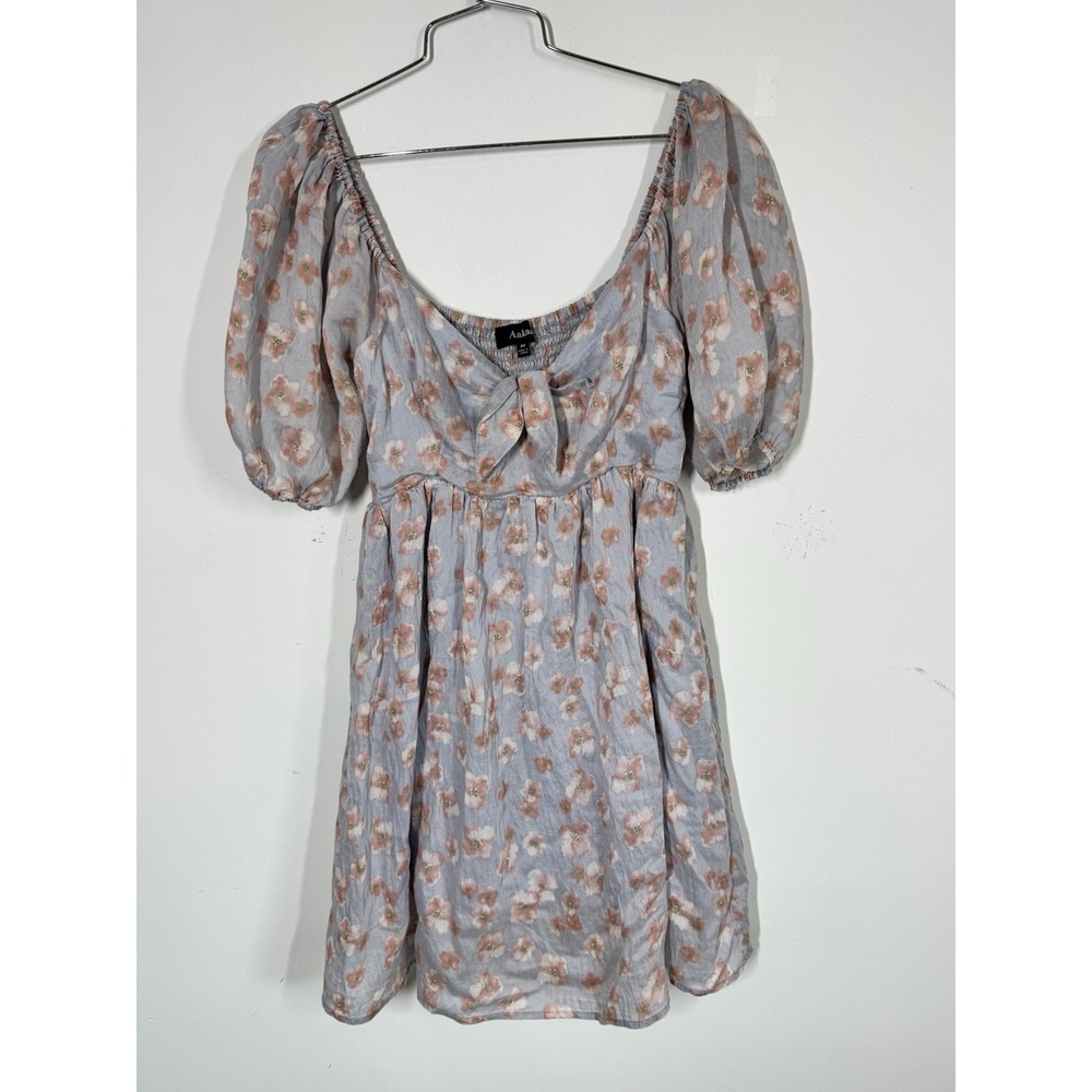 Aakaa‎ Floral Puff Sleeve Tie Front Mini Dress Milkmaid Cottagecore Size M Fairy